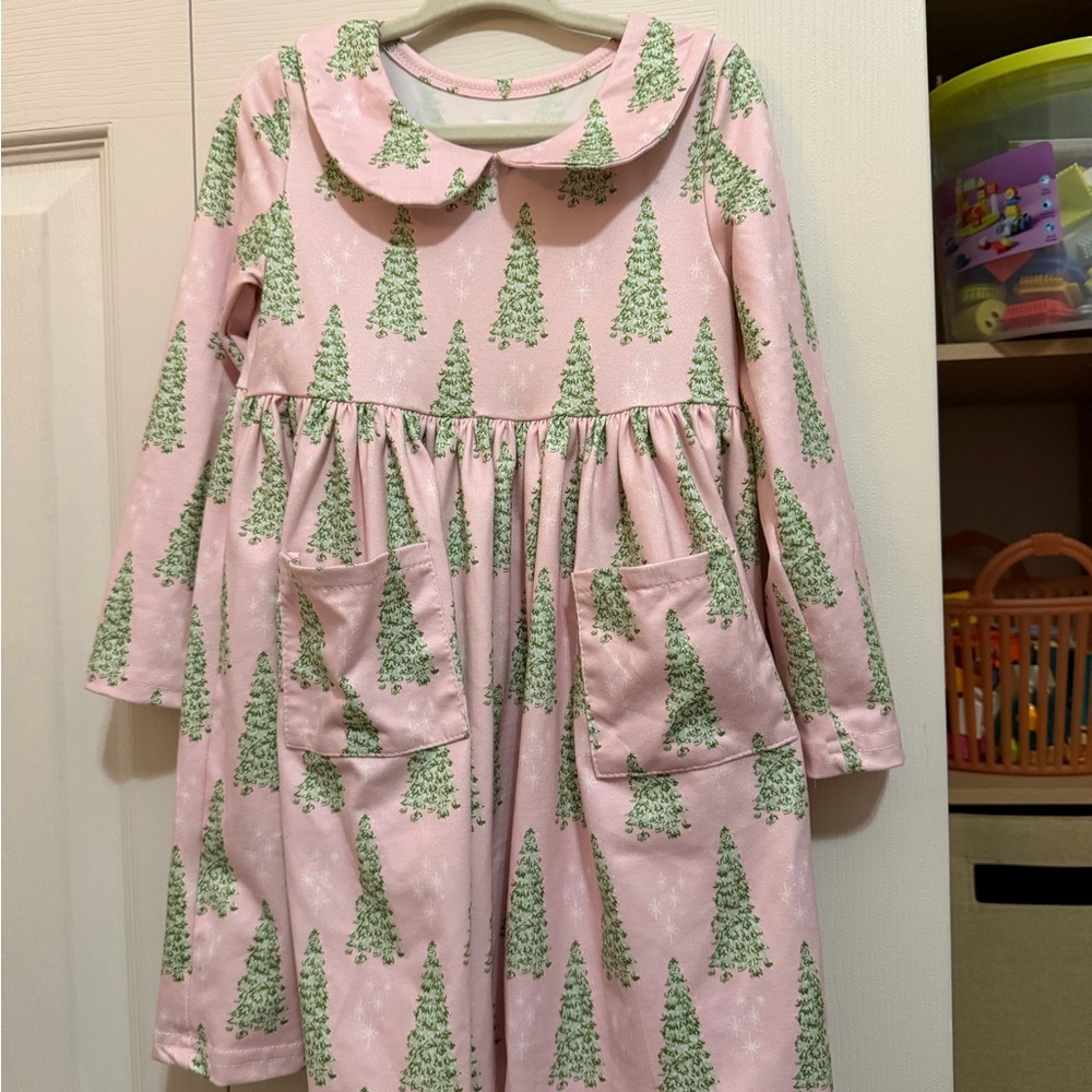 Sugar Bee Claire Twirl Dress- Pink Christmas Tree